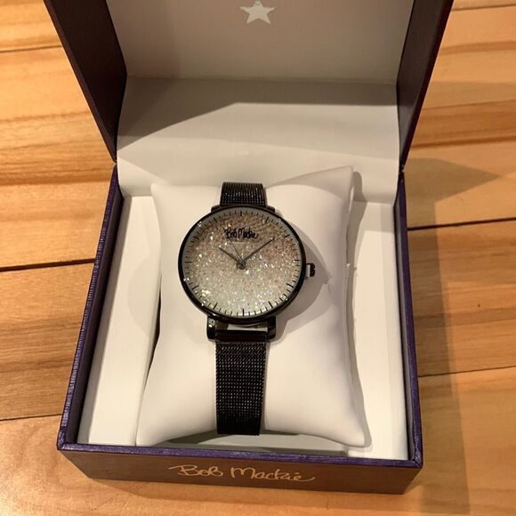 Bob Mackie Women's Black Alloy Bracelet Glitter Dial Mesh Watch 32mm. New in box - Picture 2 of 5